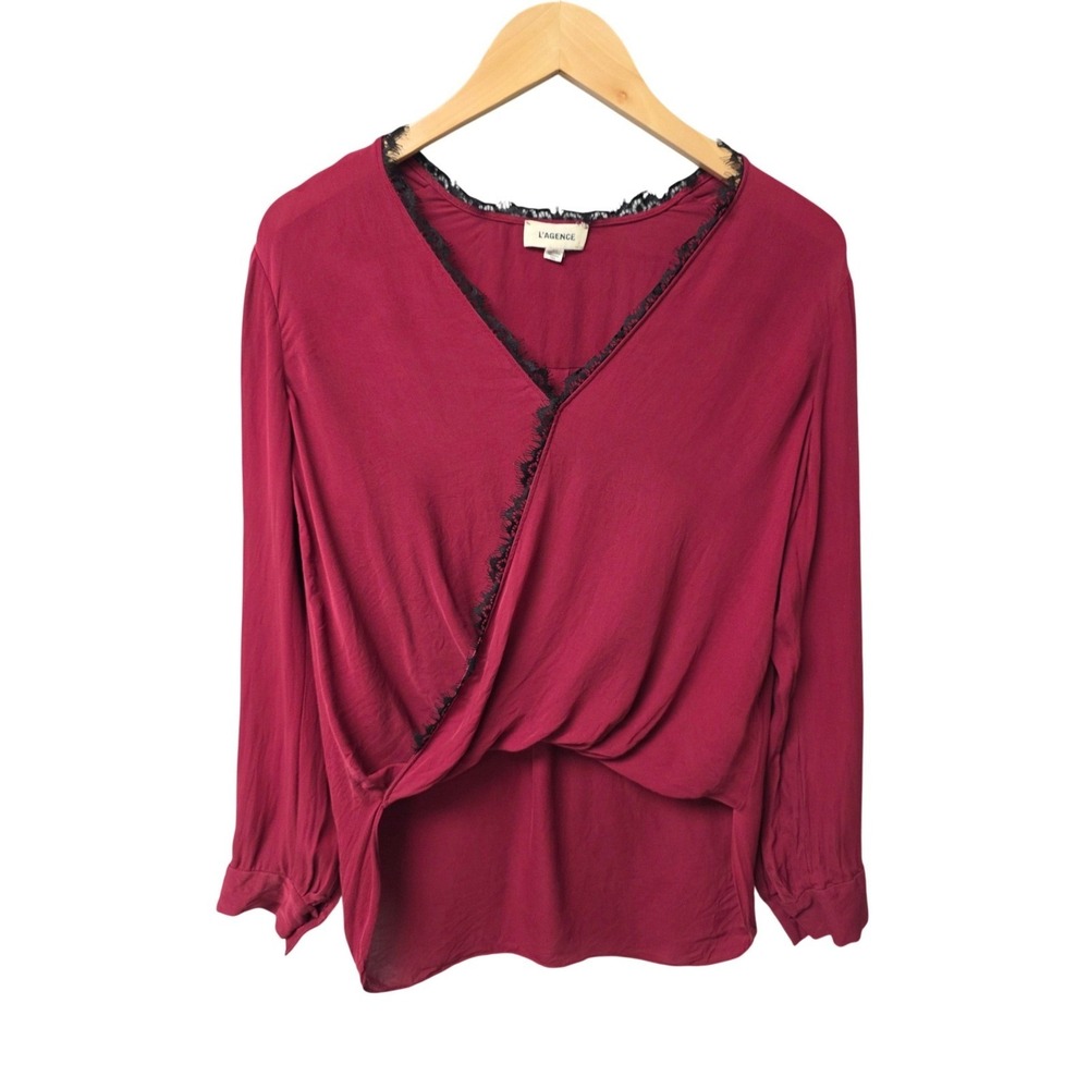 L'AGENCE Silk Blouse Womens S Burgundy Lace Trim Wrap Surplice V-Neck Whimsigoth